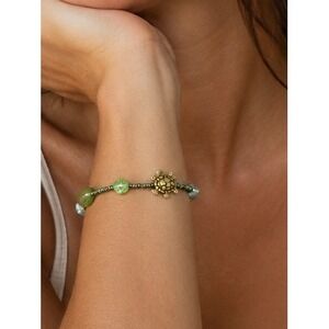 Unbranded Green Beaded Turtle Charm Bracelet Gold Tone Hook Clasp Boho 9 Inch